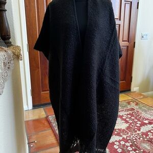 Black Open-Front Fringe Poncho Wrap